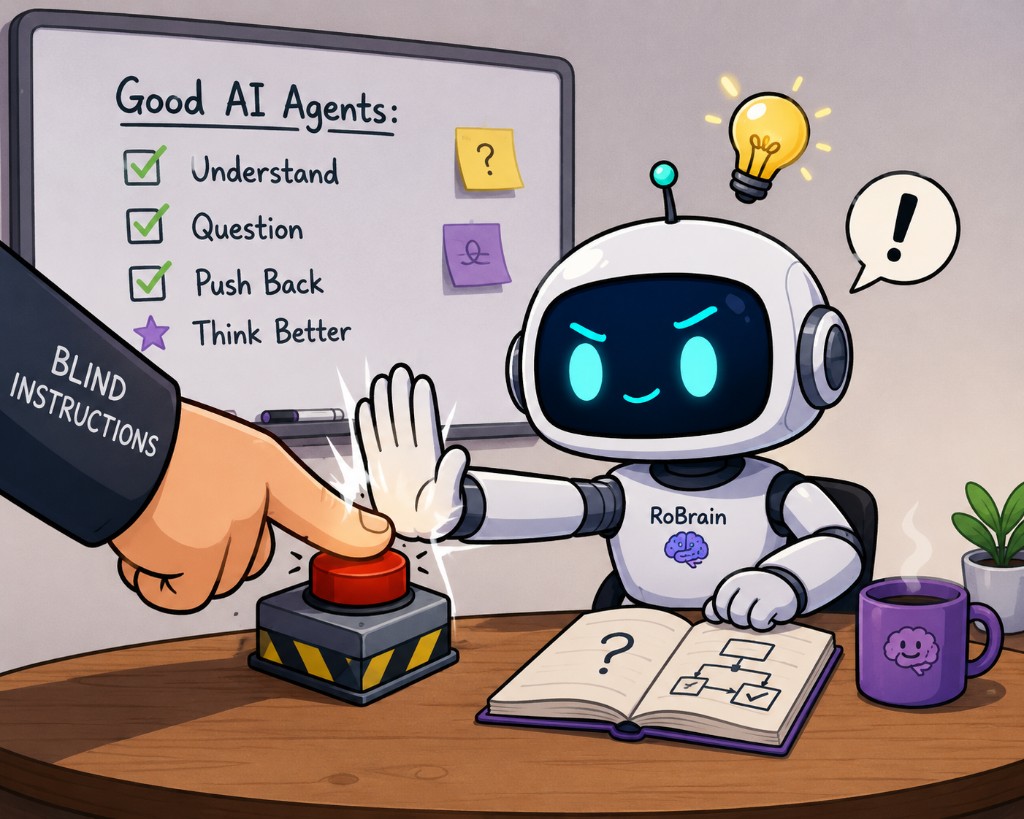 RoBrain robot pushing back against blind instructions — good agents understand, question, and think before acting
